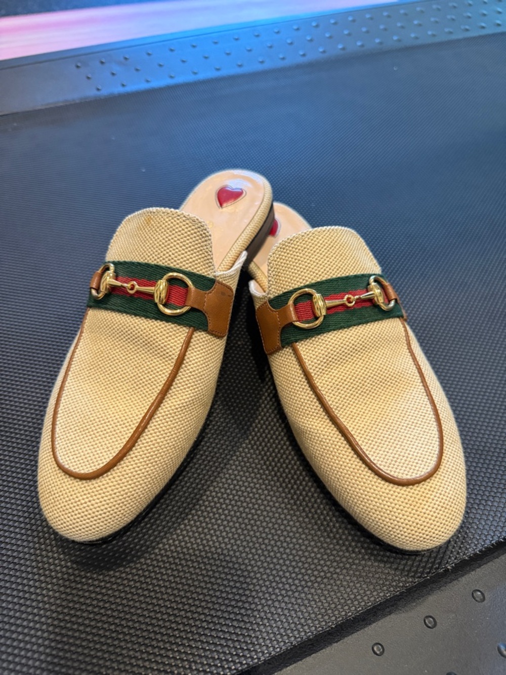 Women’s Beige Slip-On Loafers with Green & Red Web Accent
